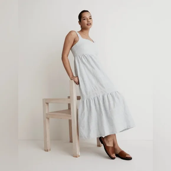 NWT Madewell Petite Cicely Tiered Midi Dress Seersucker - Petite 6 Blue White