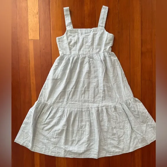 NWT Madewell Petite Cicely Tiered Midi Dress Seersucker - Petite 6 Blue White
