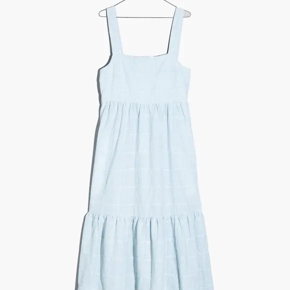 NWT Madewell Petite Cicely Tiered Midi Dress Seersucker - Petite 6 Blue White