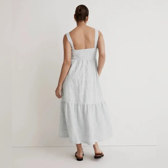 NWT Madewell Petite Cicely Tiered Midi Dress Seersucker - Petite 6 Blue White