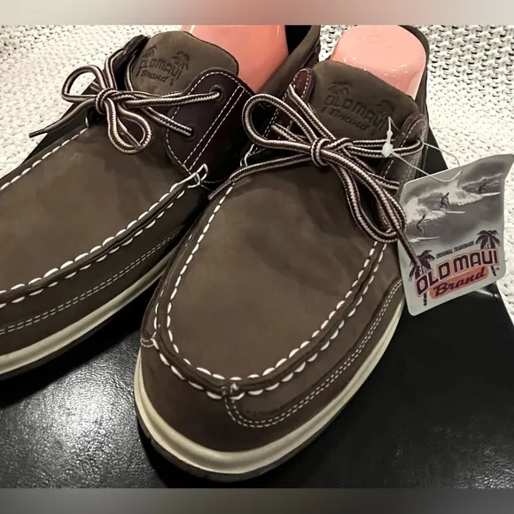 NWT Old Maui Brand Men’s Brown Leather Lace-Up Boat Shoes/Loafers; Size 11.5