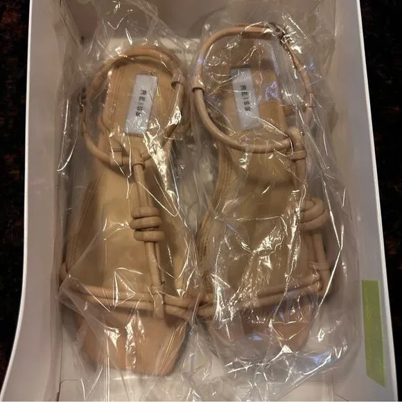 NWT Reiss Bacton Strappy Flat Sandal Leather T-Strap Knot Blush Size 37 6.5