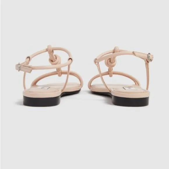 NWT Reiss Bacton Strappy Flat Sandal Leather T-Strap Knot Blush Size 37 6.5