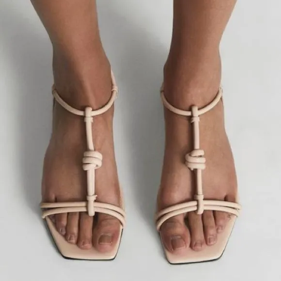 NWT Reiss Bacton Strappy Flat Sandal Leather T-Strap Knot Blush Size 37 6.5