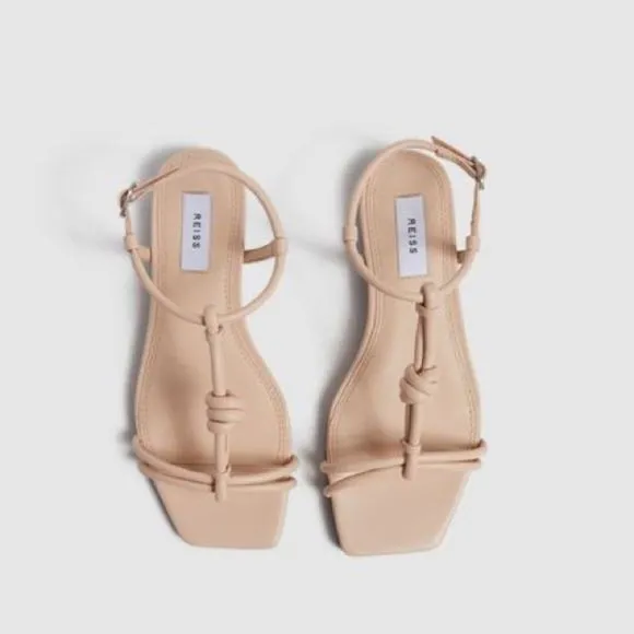 NWT Reiss Bacton Strappy Flat Sandal Leather T-Strap Knot Blush Size 37 6.5