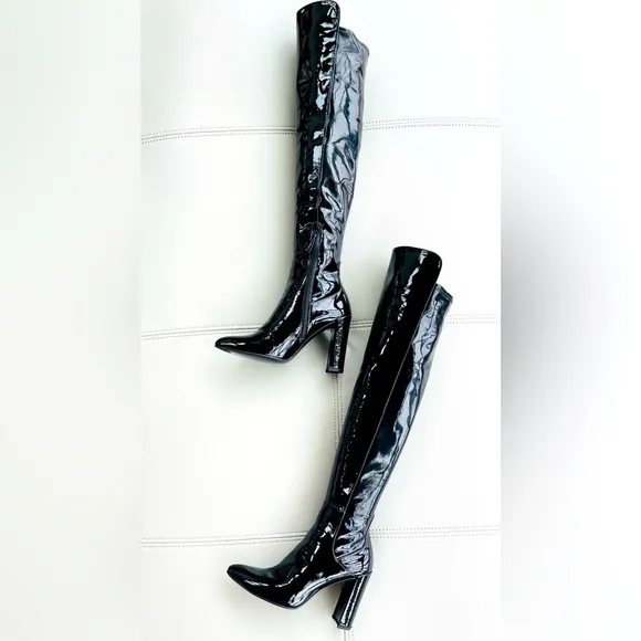 NWT! Stuart Weitzman Over-the-Knee Black Patent Leather Boots Size 39
