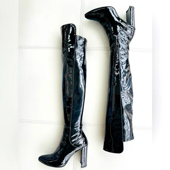 NWT! Stuart Weitzman Over-the-Knee Black Patent Leather Boots Size 39