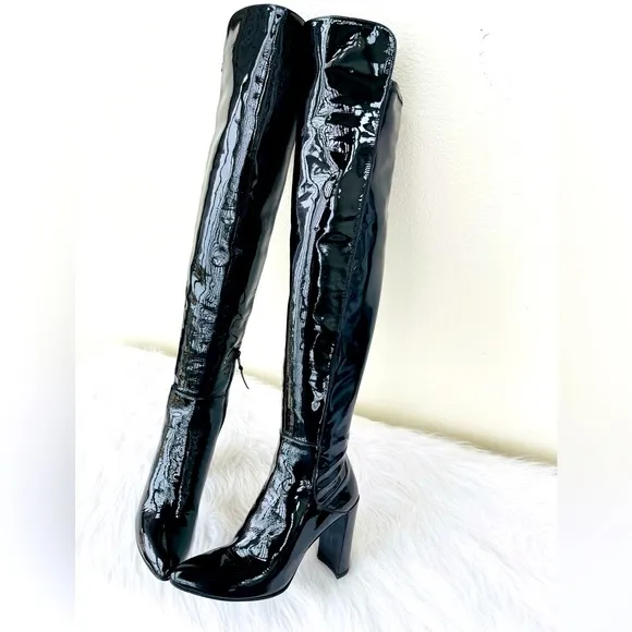 NWT! Stuart Weitzman Over-the-Knee Black Patent Leather Boots Size 39
