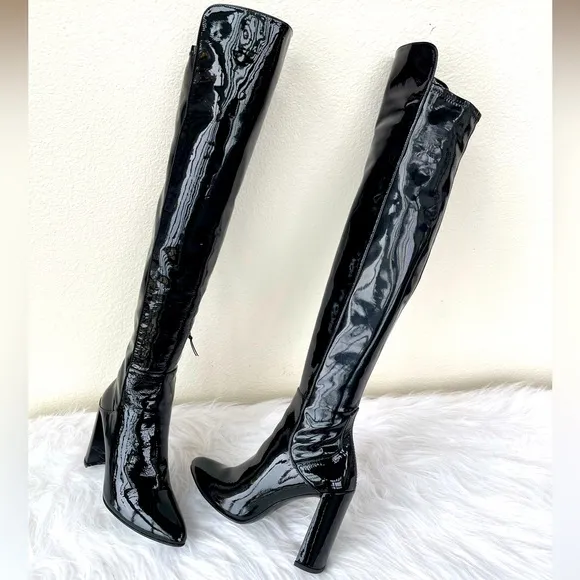 NWT! Stuart Weitzman Over-the-Knee Black Patent Leather Boots Size 39