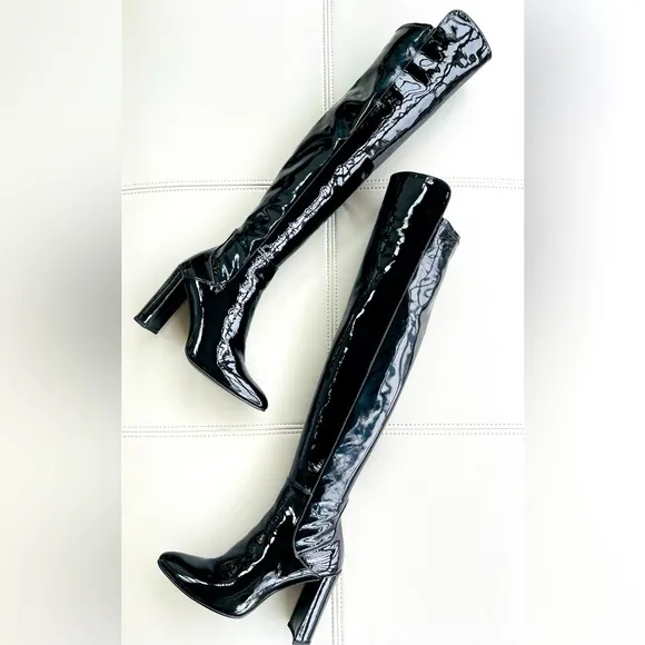 NWT! Stuart Weitzman Over-the-Knee Black Patent Leather Boots Size 39