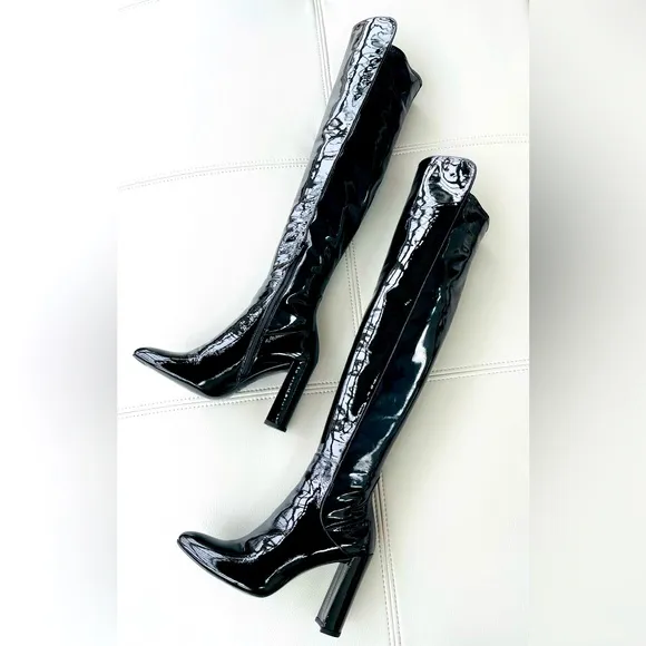NWT! Stuart Weitzman Over-the-Knee Black Patent Leather Boots Size 39