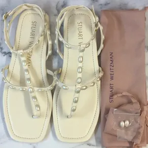 NWT Stuart Weitzman Women's Ivory Color Embellished Flat Sandals Size 10US