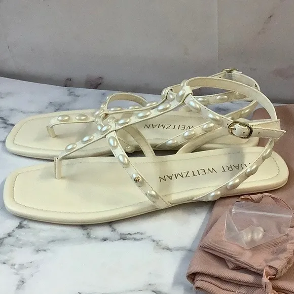 NWT Stuart Weitzman Women's Ivory Color Embellished Flat Sandals Size 10US