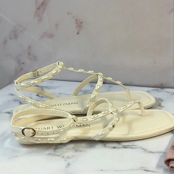 NWT Stuart Weitzman Women's Ivory Color Embellished Flat Sandals Size 10US