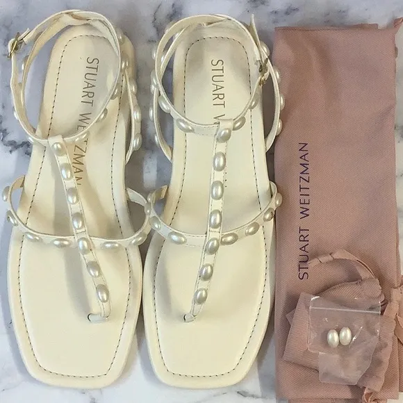 NWT Stuart Weitzman Women's Ivory Color Embellished Flat Sandals Size 10US