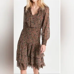 NWT Veronica Beard Tunis drop waist floral brown tier ruffle peasant mid dress 2