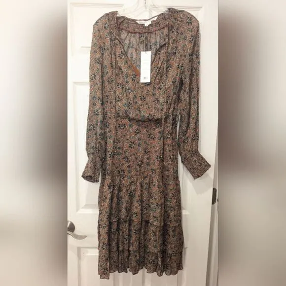 NWT Veronica Beard Tunis drop waist floral brown tier ruffle peasant mid dress 2