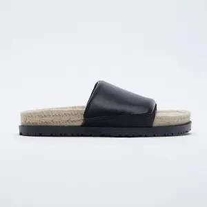 NWT. Zara Black Quilted Flat Sandals with Jute. Size 9.