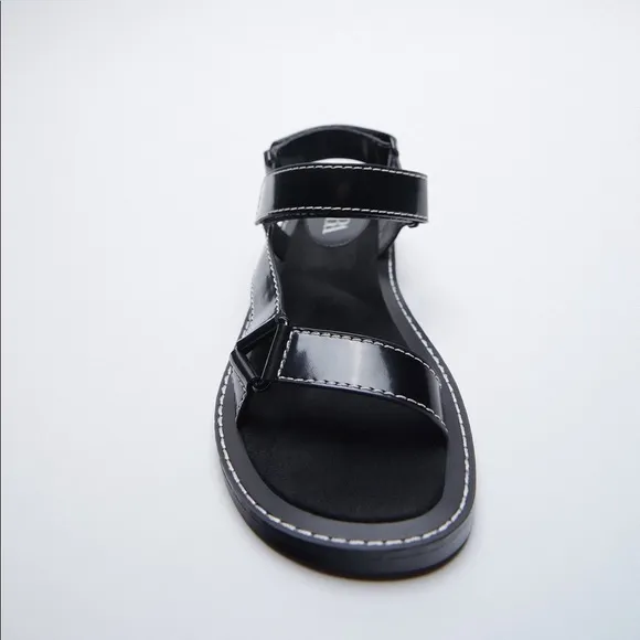 NWT. Zara Black Topstitching Flat Sandals