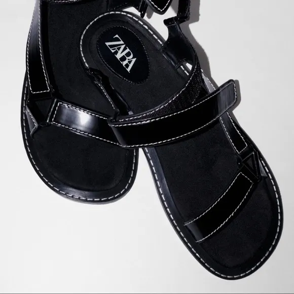 NWT. Zara Black Topstitching Flat Sandals