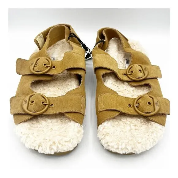 NWT Zara Leather Shearling Buckle Sling Back Flat Sandal Slipper Brown Cream 39