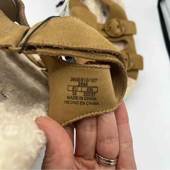NWT Zara Leather Shearling Buckle Sling Back Flat Sandal Slipper Brown Cream 39