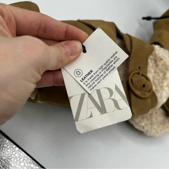 NWT Zara Leather Shearling Buckle Sling Back Flat Sandal Slipper Brown Cream 39