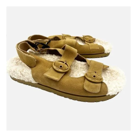 NWT Zara Leather Shearling Buckle Sling Back Flat Sandal Slipper Brown Cream 39