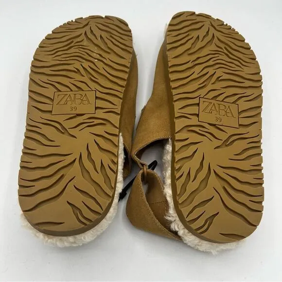 NWT Zara Leather Shearling Buckle Sling Back Flat Sandal Slipper Brown Cream 39