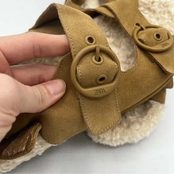 NWT Zara Leather Shearling Buckle Sling Back Flat Sandal Slipper Brown Cream 39