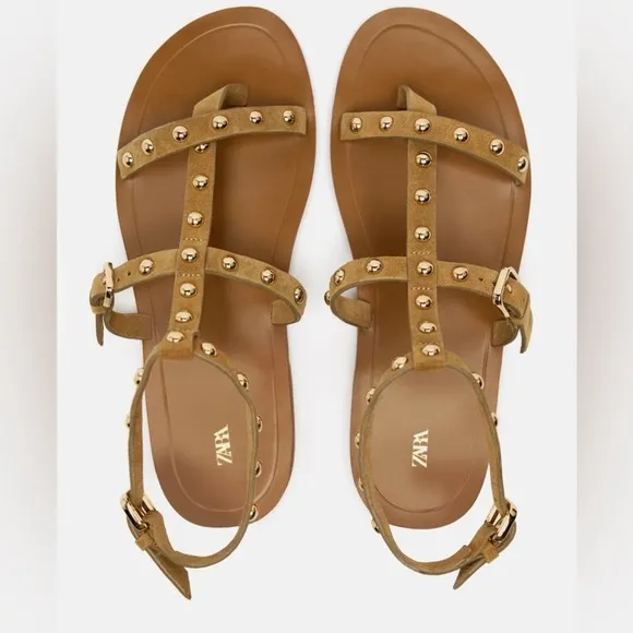 NWT. Zara Sandy Brown Studded Flat Suede Sandals. Size 6,5.