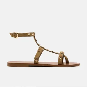NWT. Zara Sandy Brown Studded Flat Suede Sandals. Size 6,5.