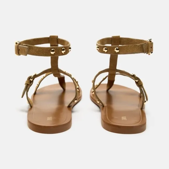 NWT. Zara Sandy Brown Studded Flat Suede Sandals. Size 6,5.