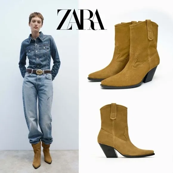 NWT. Zara Taupe Split Suede Cowboy Ankle Boots. Size 8.