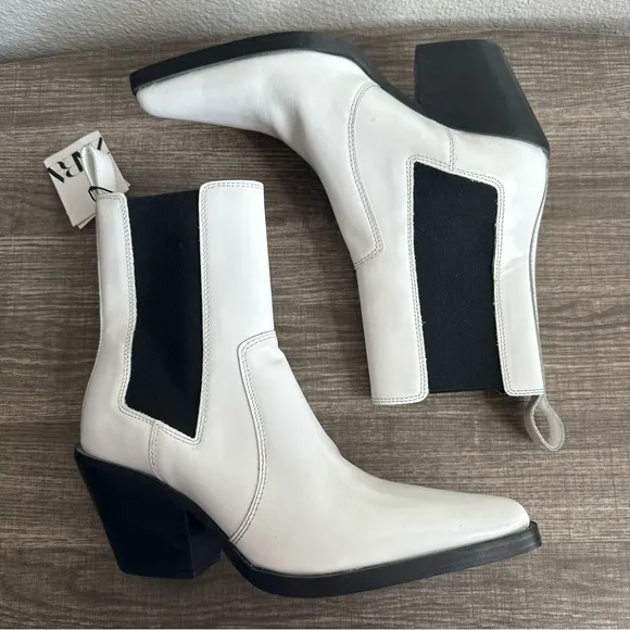 NWT Zara White Heeled Leather Ankle Boots Women’s EU Size 36 US 6