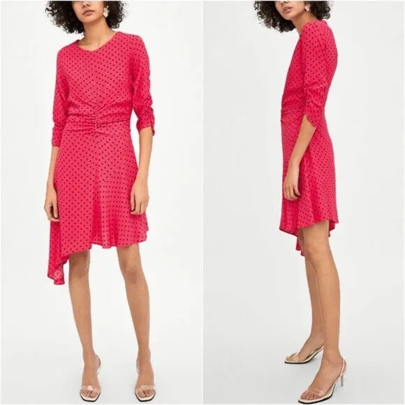 NWT ZARA Women’s Ruched Polka Dot Pink Black Asymmetric Trendy Dress XS X-Small