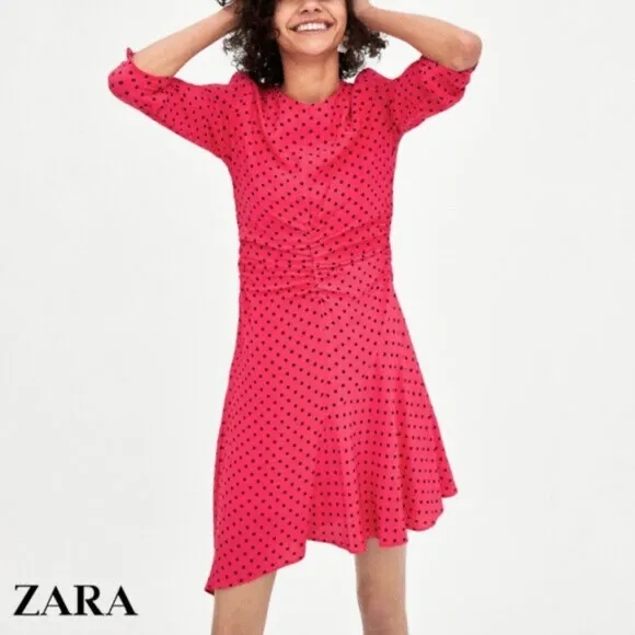 NWT ZARA Women’s Ruched Polka Dot Pink Black Asymmetric Trendy Dress XS X-Small