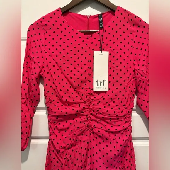 NWT ZARA Women’s Ruched Polka Dot Pink Black Asymmetric Trendy Dress XS X-Small