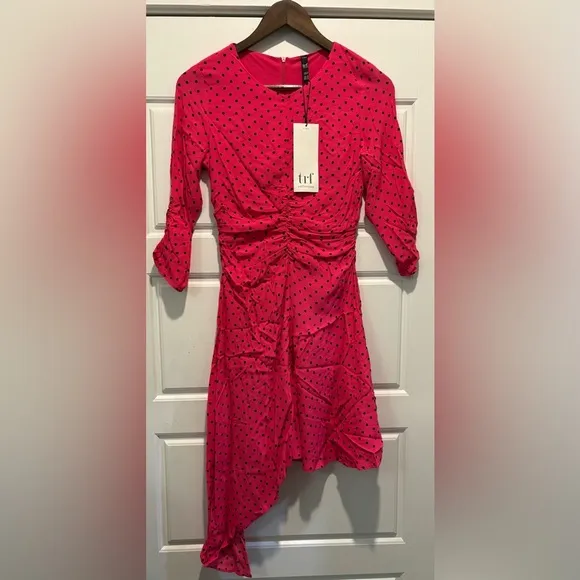 NWT ZARA Women’s Ruched Polka Dot Pink Black Asymmetric Trendy Dress XS X-Small