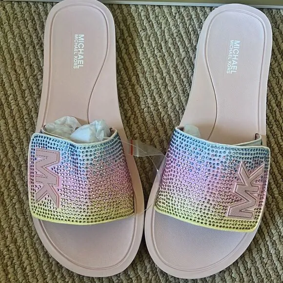 NWT MICHAEL KORS Rhinestone logo pool slide sandals 7