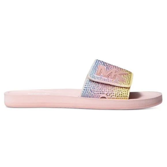 NWT MICHAEL KORS Rhinestone logo pool slide sandals 7