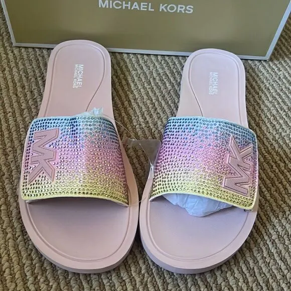 NWT MICHAEL KORS Rhinestone logo pool slide sandals 7