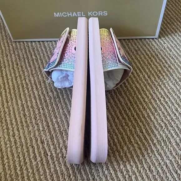 NWT MICHAEL KORS Rhinestone logo pool slide sandals 7