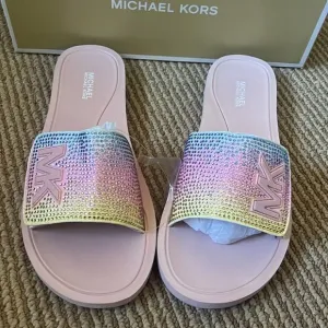 NWT MICHAEL KORS Rhinestone logo pool slide sandals 7