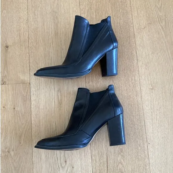Office - Pointed Toe Slip On Leather Ankle Boots in Black