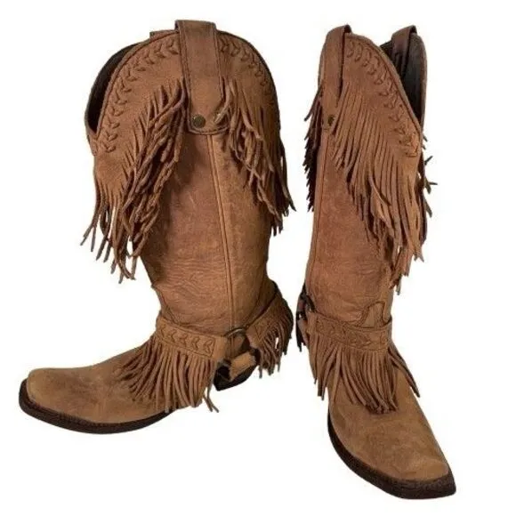 Old Gringo Double Fringe Brown Leather Suede Cowboy Boots Women's Size 8 B