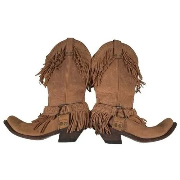 Old Gringo Double Fringe Brown Leather Suede Cowboy Boots Women's Size 8 B