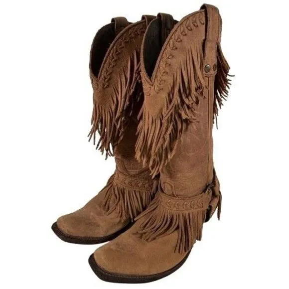 Old Gringo Double Fringe Brown Leather Suede Cowboy Boots Women's Size 8 B