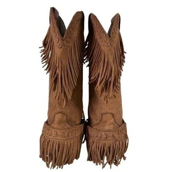 Old Gringo Double Fringe Brown Leather Suede Cowboy Boots Women's Size 8 B