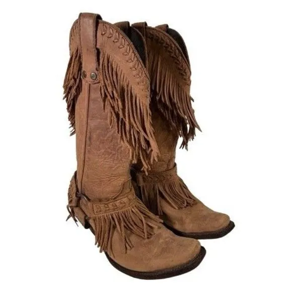 Old Gringo Double Fringe Brown Leather Suede Cowboy Boots Women's Size 8 B